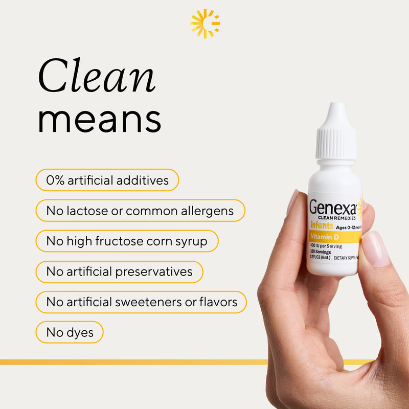 Genexa Vitamin D Drops for Infants & Newborn, Made Clean, 100 Servings | Dye Free, 0% Artificial Additives, Organic, Gluten Free, Non-GMO, Supports Growth & Bone Development in Babies & Toddlers 1 Fl Oz (Pack of 1)