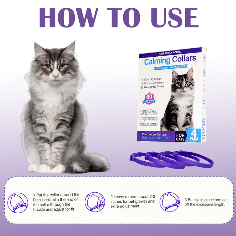 4 Pack Calming Collar for Cats - Long-Lasting Anxiety and Stress Relief, Relaxing Cat Collar,Adjustable Pheromones Collar for Cats，Natural Soothing 60 Days of Continuous Calming Move Purple - PawsPlanet Australia