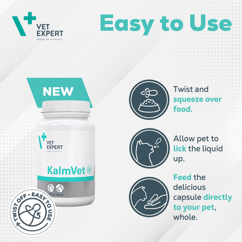 Vet Expert Kalmvet Stress and Anxiety Relief Supplement for Dogs and Cats – Promotes Relaxation with Chamomile, L-Tryptophan, and Valerian Root Extract 60 Twist off Capsules