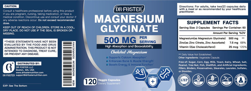 DRFOSTER Chelated Magnesium Glycinate 500mg with Zinc, 120 Veggie Capsules | High Absorption Supplements with Vitamin D3 for Sleep, Muscle & Bone Support, Leg Cramps Relief, Non-GMO 120 Count (Pack of 1)