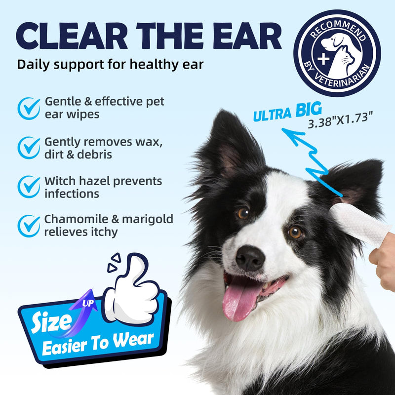 Dog Ear Cleaner Wipes - Widen Ear Finger Wipes for Dogs & Cats, Remove Ear Wax, Debris, Relieve Ear Itching & Inflammation with Aloe and Calendula - 60 Count 60Pcs - BeesActive Australia