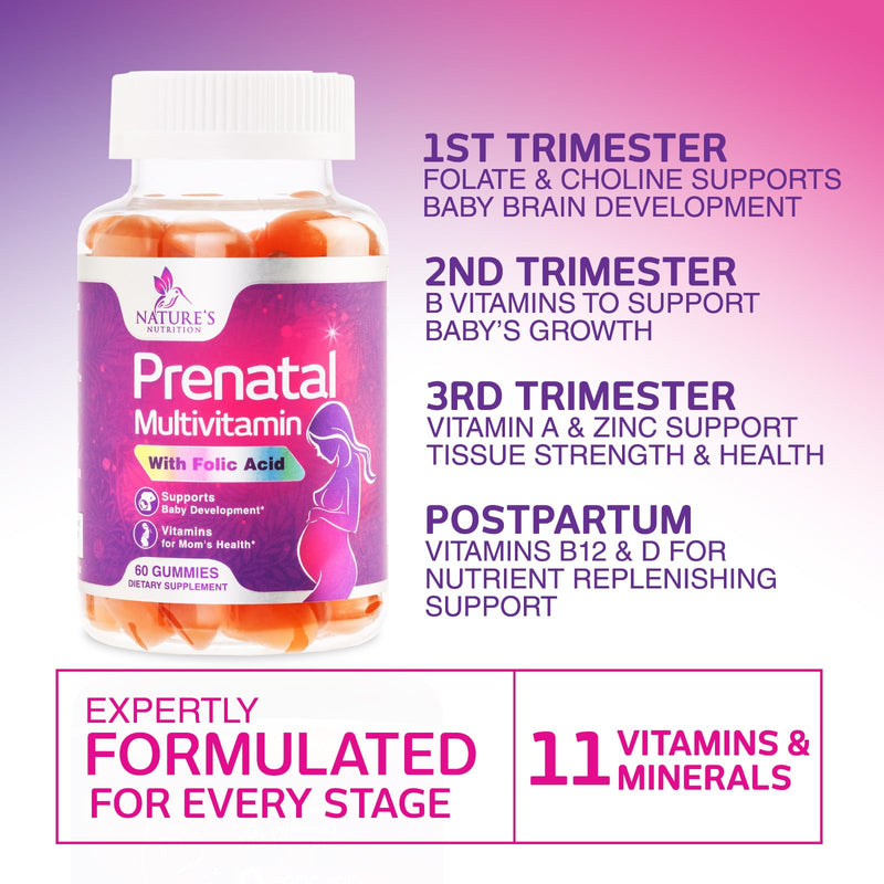 Prenatal Vitamins for Women - Pregnancy Vitamins Gummies with Folic Acid, Vitamin A, C, D3, B12, B6 - Prenatal Multivitamin Gummy for for Fetal Support, Pregnant & Nursing Women - 60 Gummies 60 Count (Pack of 1)