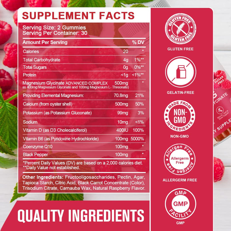 Magnesium Glycinate Gummies 400 mg with 100 mg Composite magnesium - Chelated Magnesium Potassium Supplement with Vitamin D, B6 Supports Calm, Sleep, Memory & Muscle Cramps,Sugar Free - 120 Gummies 60 Count(pack of 2)
