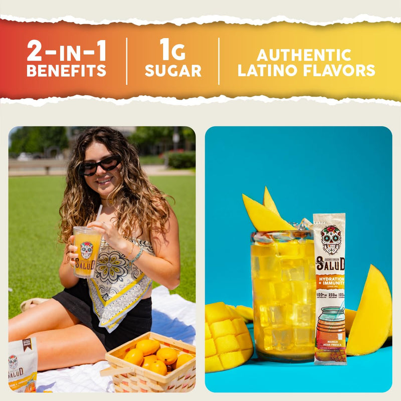 Salud 2-in-1 Hydration + Immunity Drink Mix, Mango | Electrolytes Powder, Agua Fresca, Elderberry, Dairy & Soy Free, Non-GMO, Gluten Free, Vegan, 1g Sugar (15 Servings)