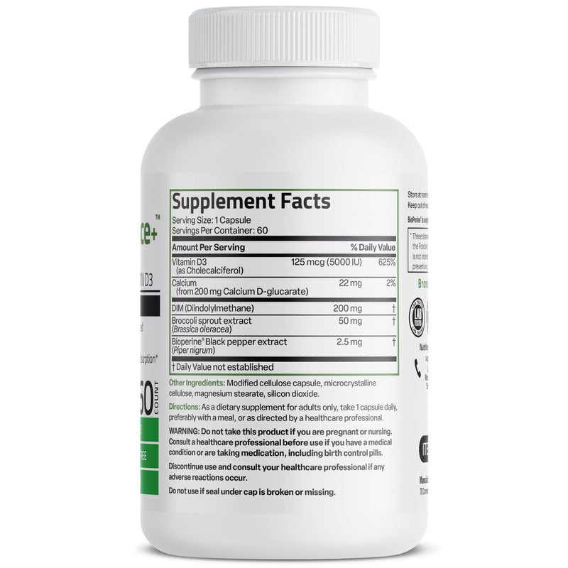 Bronson DIM Balance+ 200 mg & Calcium D-Glucarate, 60 Vegetarian Capsules | Broccoli Sprout, Vitamin D3 & BioPerine, Estrogen Metabolism & Balanced Hormone Support, Non-GMO, Gluten-Free & Soy-Free 60 Count (Pack of 1)