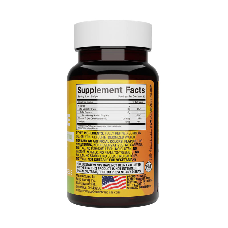 Basic Brands Happy Sunshine Vitamin D3 1000 IU | Immune & Bone Health, Muscle Function, Vitamin D3 25 mcg (1,000 IU), Gluten-Free, Non-GMO, 30 Softgels
