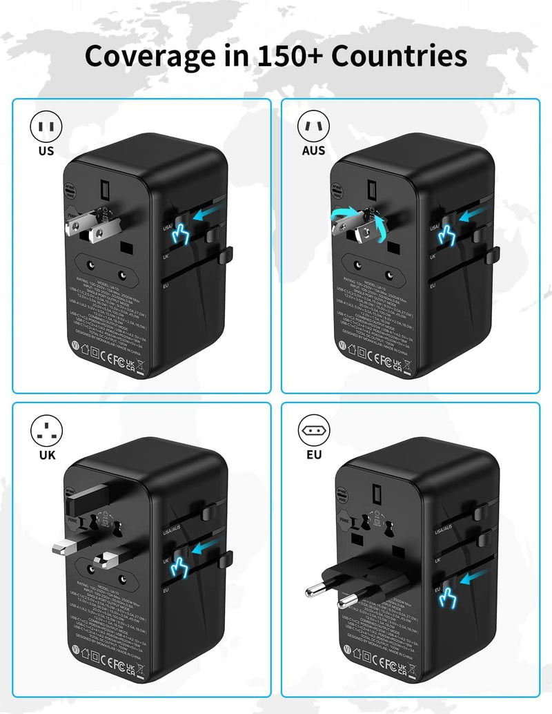 MOMAX Universal Travel Adapter, 100W Fast GaN International Power Adapter, 2PD USB-C+2QC USB-A Travel Adapter, US, UK, EU, AU Travel Adapter Worldwide for Laptops, Tablets, Phones, Vision Pro - BeesActive Australia