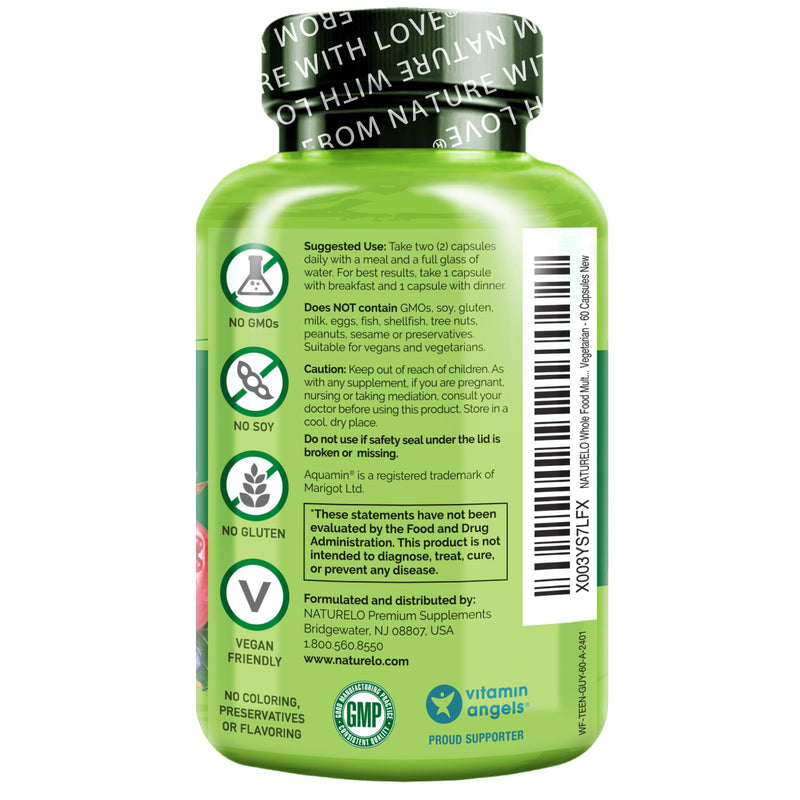 NATURELO Teen Multivitamin - Whole Food Multivitamin for Teenage Boys - Minerals Supplement for Active Kids - with Plant Extracts - Non-GMO - Vegan & Vegetarian - 60 Capsules Unflavored 60 Count (Pack of 1)