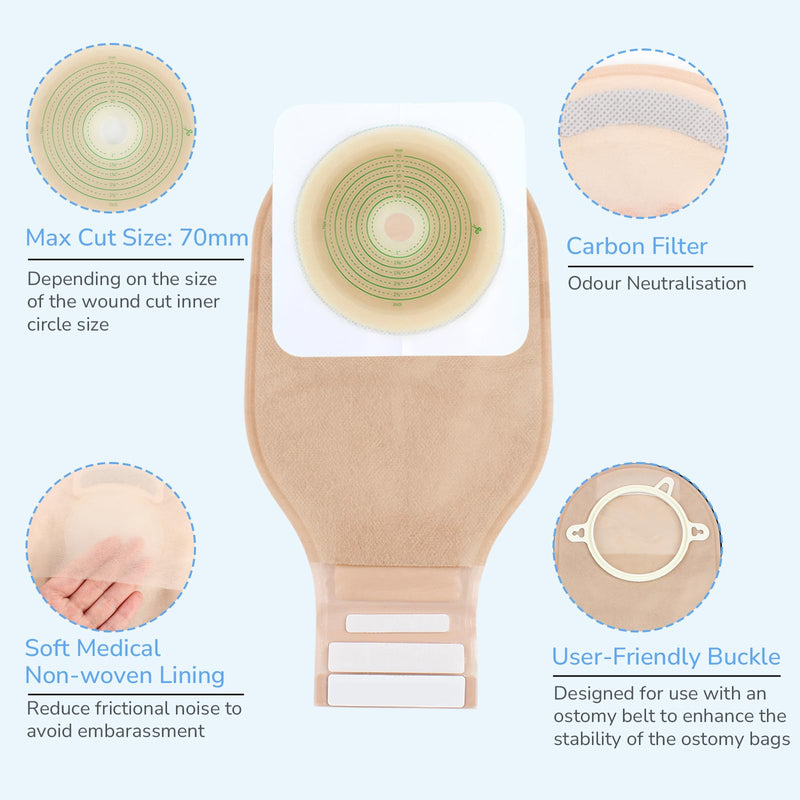 22pcs Ostomy Supplies Colostomy Bags, 2-Piece Colostomy Bags, Two-Piece Drainable Pouches with Closure for Ileostomy Stoma Care, Cut-to-Fit, 70mm Max (16 x Ostomy Bags+ 6 x Skin BarrierÔºâ 16+6pcs Two Piece Closure