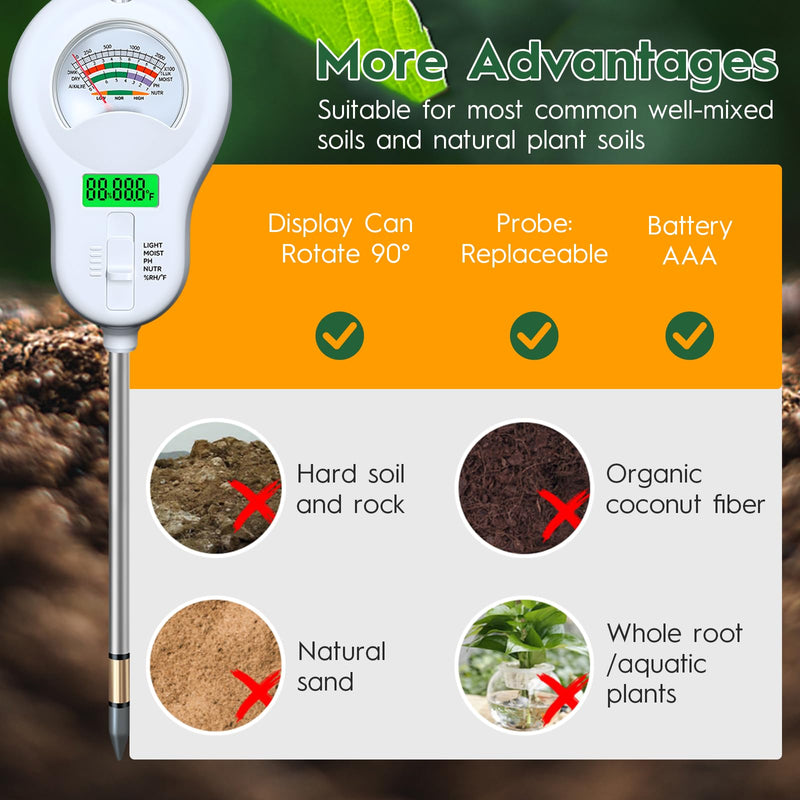 6-in-one Soil Test Kit-Soil Moisture Meter/PH Meter/Fertility/Sunlight Intensity Soil Tester, LCD Air Hygrometer&Temperature Moisture Meter for Plants-Garden, Lawn,Farm,3 Pack Detachable Probe 3 - BeesActive Australia