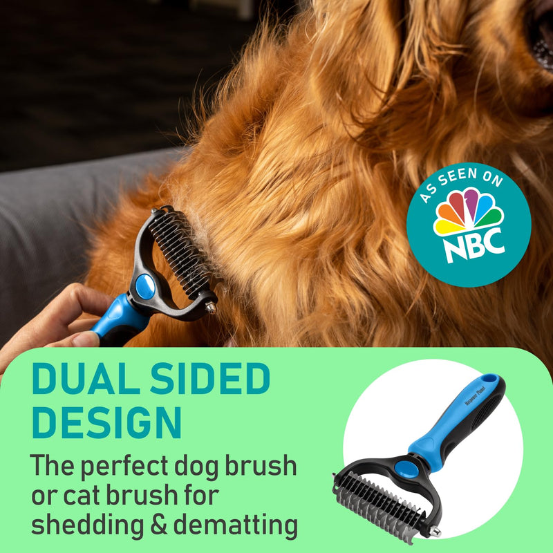 Maxpower Planet Pet Grooming Brush - Double Sided Shedding, Dematting Undercoat Rake for Dogs, Cats - Extra Wide Dog Grooming Brush, Dog Brush for Shedding, Cat Brush, Reduce Shedding by 95%, Blue Large - BeesActive Australia