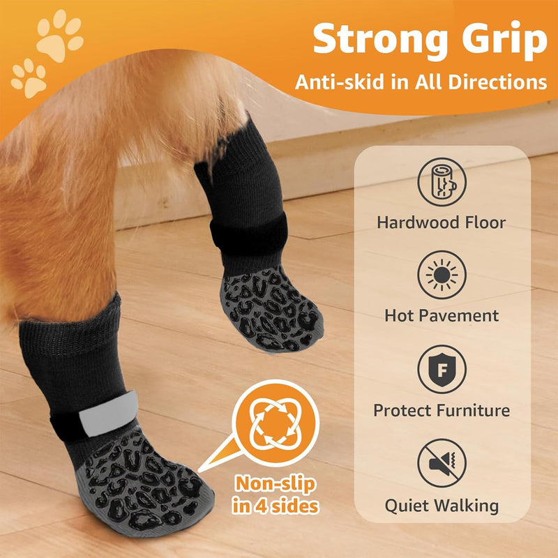 Double Side Non Slip Dog Socks to Prevent Licking Paws, Dog Shoes for Winter Cold Hot Pavement Dog Booties, Night Reflection Paw Protectors for Hardwood Floors Traction Control Indoor 4 pack of Black Socks with Leopard anti-slip strip - BeesActive Australia