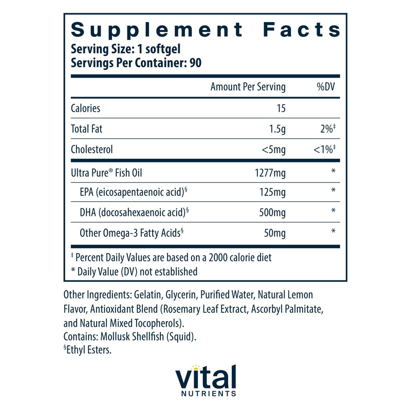 Vital Nutrients Ultra Pure® Fish Oil 675 - Supports Brain Development & Function* - Sustainably Sourced High DHA Omega-3 Fatty Acid - Lemon Flavor - Gluten, Dairy & Soy Free - 90 Softgels