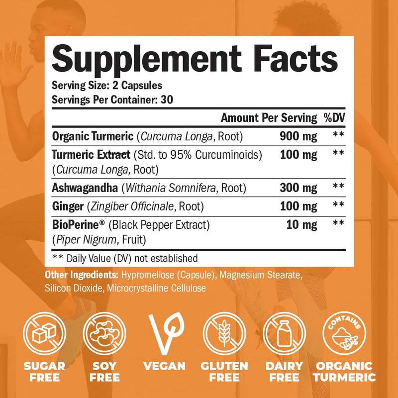Turmeric Curcumin & Ashwagandha Supplements with Black Pepper. 95% Curcuminoids. Joint Support Supplement with Organic Tumeric, Ginger & Bioperine. Aids Joint Health, Energy, Mood & Overall Well-Being 60 Count (Pack of 1) - BeesActive Australia