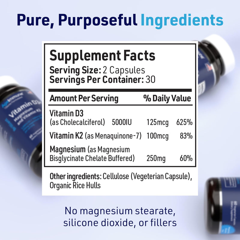AgeImmune Brilliant D3+ Complex - 60 Capsules - 5000 IU Vitamin D3 + K2 + Magnesium Glycinate Supplement - Doctor Formulated for Immune & Bone Support - No Stearates, No Dioxides