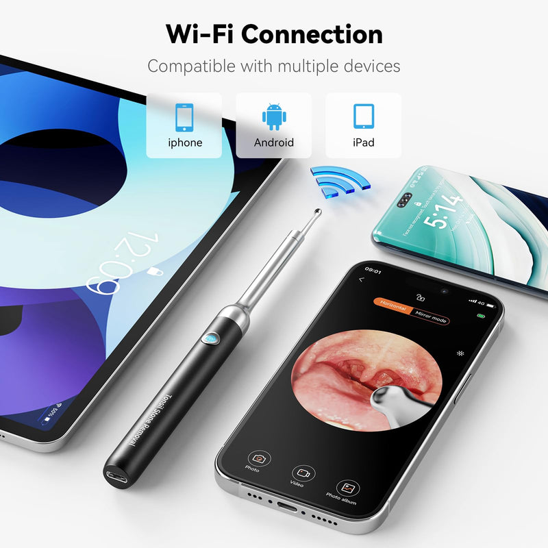 Upgraded Tonsil Stone Remover with Camera, Visual Tonsil Stone Removal Kit with 6 LED Light, Tonsil Stone Removal Tool Camera with 1080P, 5 Head Attachments, for iOS & Android (Black) Black - BeesActive Australia