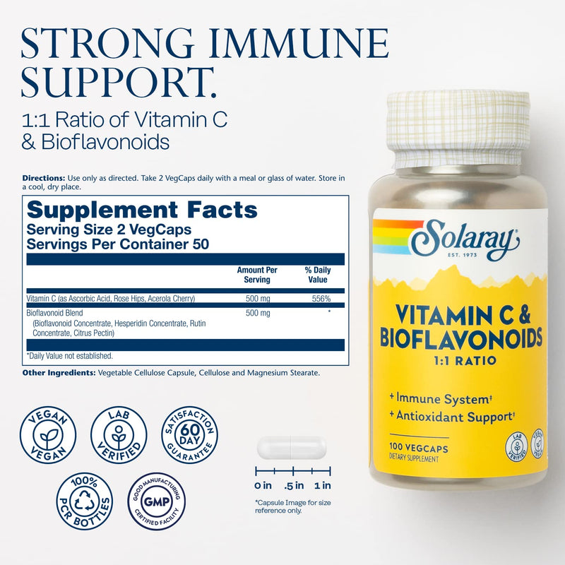 SOLARAY Vitamin C 500 mg with Citrus Bioflavonoids, 100 VegCaps | Immune, Antioxidant & Cellular Support, 1:1 Vitamin C & Citrus Bioflavonoids, 50 Servings, Vegan & Lab Verified 100 Count (Pack of 1)