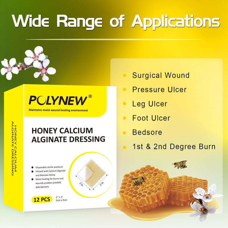 Manuka Honey Calcium Alginate Dressing, 12 Individual Pack, 2"x2" Patches, Wound Dressing with Calcium Alginate, Bandages for Burns, Faster Wound Care