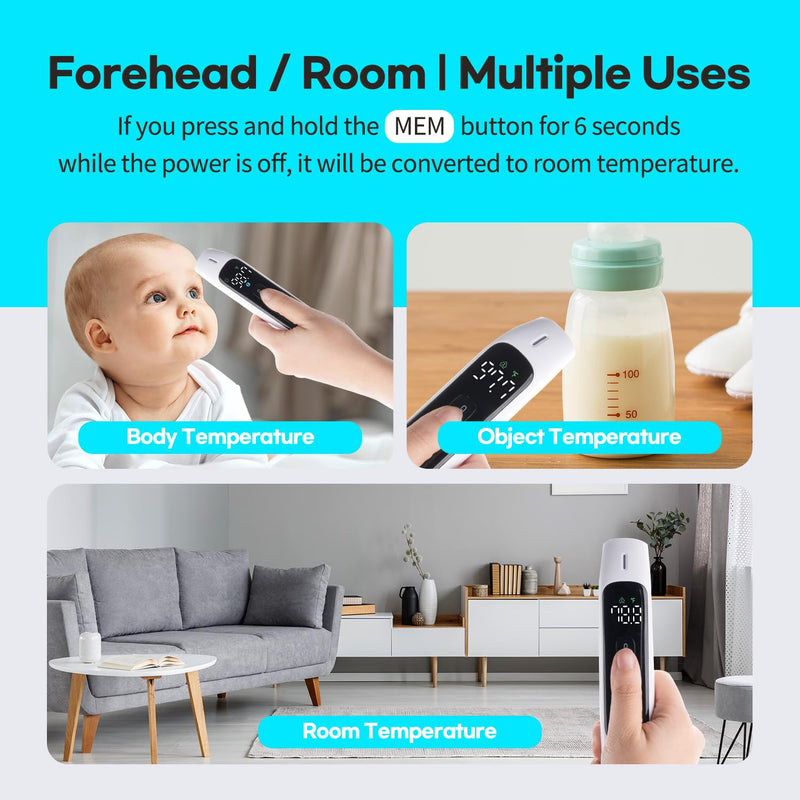 HubiBaby No-Touch Infrared Thermometer for Adults, Accurate Digital Forehead Thermometer, Large LED Display, Fever Alarm, 2 in 1 Forehead & Object Thermometer Black & white