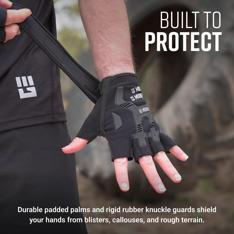 MudGear Gloves - Durable Fingerless Workout Gloves with Wrist Support for Obstacle Races and Fitness Training, Improves Grip, Protects Hands, Boosts Performance Black Large