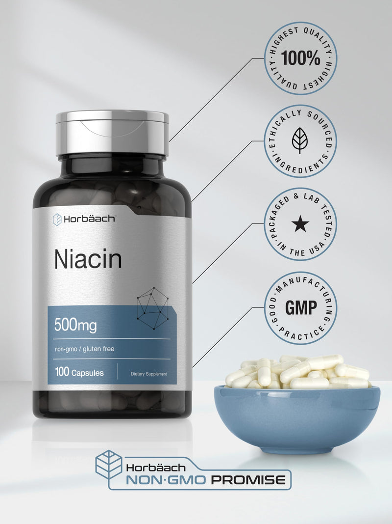Horbäach Niacin | Vitamin B3 500mg | 100 Capsules | with Flushing | Non-GMO, and Gluten Free Supplement