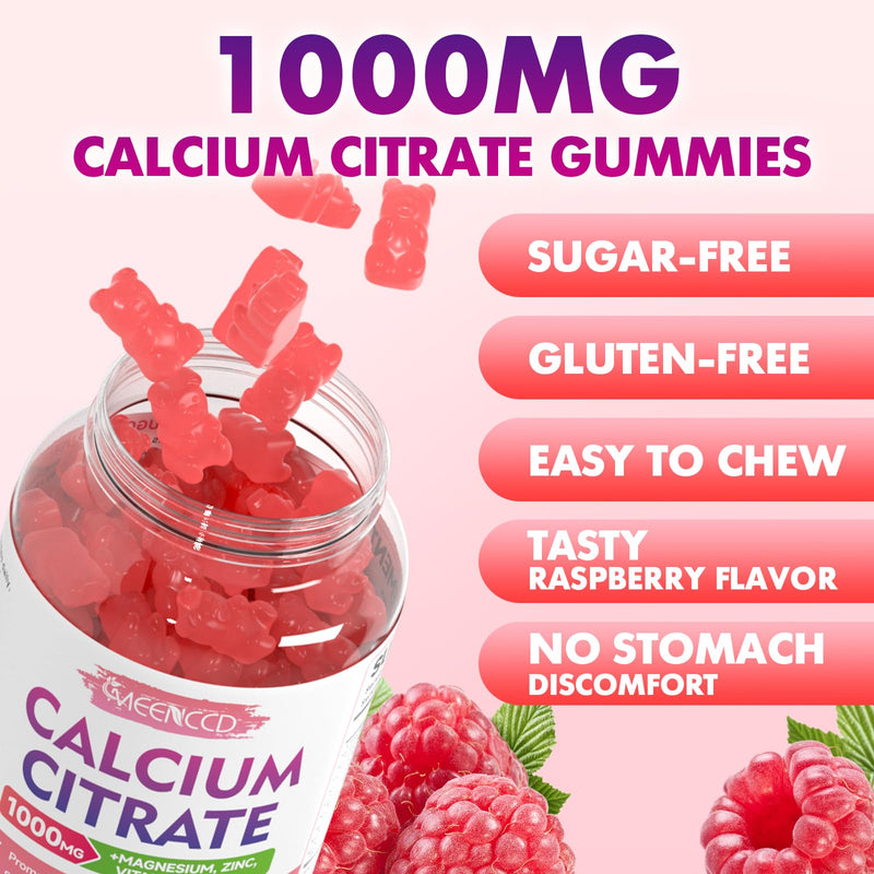 2 Pack Calcium Citrate Gummies 1000mg w/Vitamin D3, High Absorption Calcium Gummies for Women & Men, Plus Magnesium, Potassium, Zinc for Muscle & Immune Support, Raspberry Flavor, 120 Count 60 Count (Pack of 2)