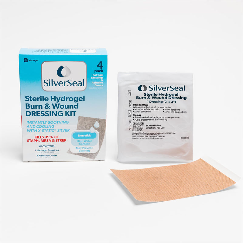 SilverSeal Hydrogel Burn & Wound Dressing Kit with X-Static Silver - FDA Cleared Care for Burns, Cuts & Wounds ‚Äì Soothing Moisture, Relief & Protection - 4 (2‚Äùx3‚Äù) Hydrogels + 4 (3‚Äùx5‚Äù) Adhesive Pads - BeesActive Australia