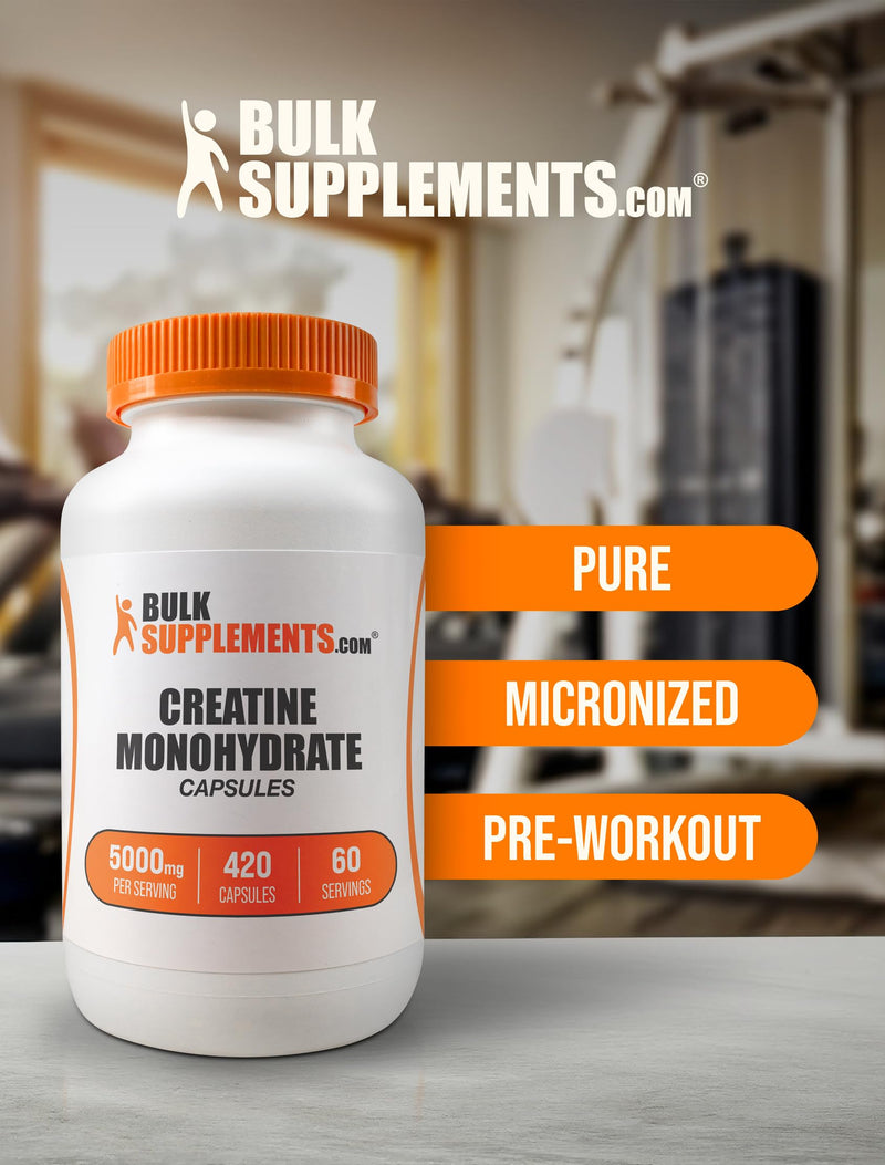 BulkSupplements.com Creatine Monohydrate Capsules - Micronized Creatine Monohydrate, Creatine Pills - 7 Creatine Capsules per Serving, 5000mg, Gluten Free, 420 Capsules (Pack of 1) 420 Count (Pack of 1) - BeesActive Australia