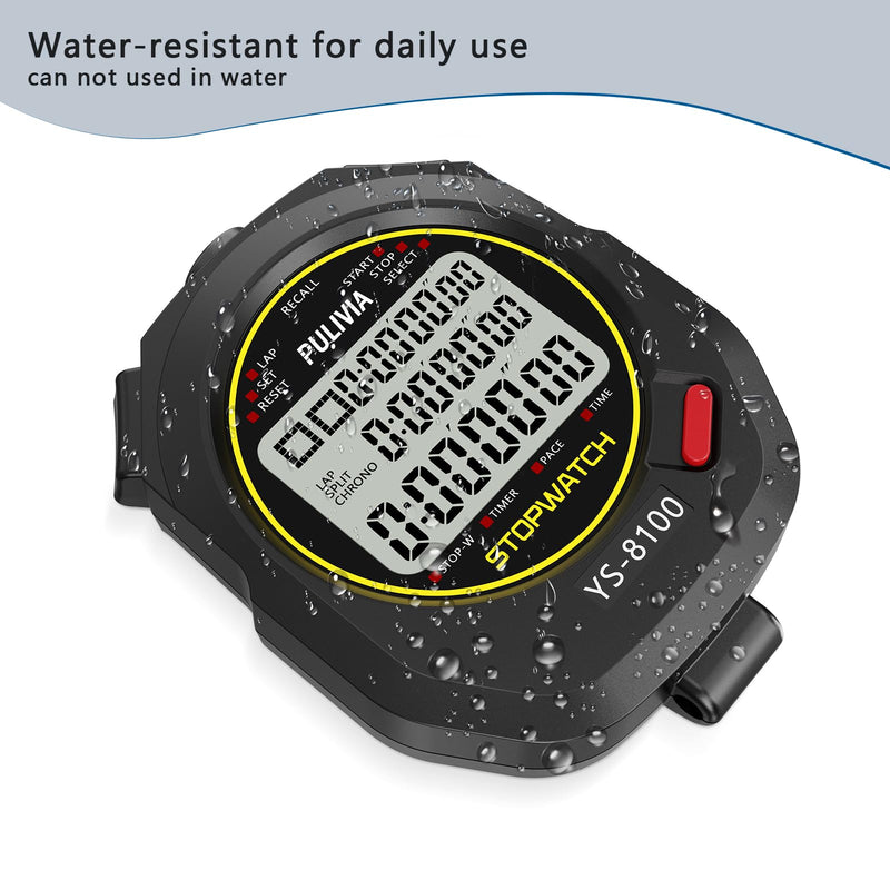 Sports Stopwatch Timer 100 Lap Split Memory Digital Stop Watch, Countdown Timer Pace Mode 12/24 Hour Clock Calendar with Alarm, 3 Rows Display Large Screen Water Resistant Battery Included