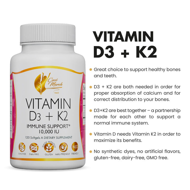 Coco March Vitamin D3+K2 10,000 IU - 4 Month Supply HIGH POTENCY - Immune & Joint Health Gluten Free, GMO Free, Dairy Free, Keto Friendly, Paleo Friendly, 250 mcg of D3-180 mcg of Vitamin K2 - BeesActive Australia