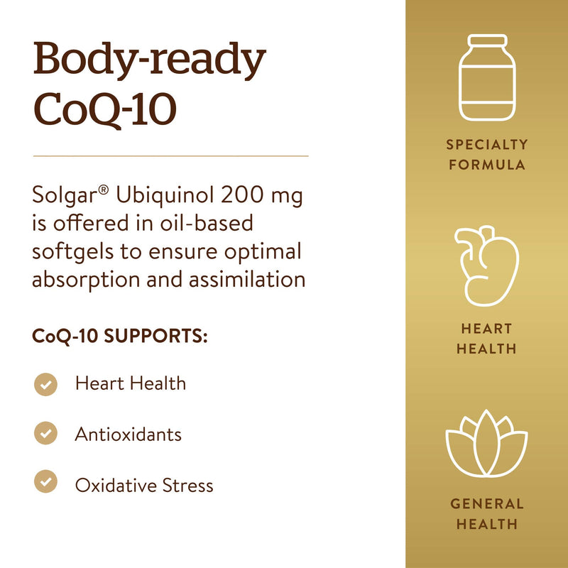 Solgar Ubiquinol 200 mg (Reduced CoQ-10), 30 Softgels - Promotes Heart & Brain Function - Supports Healthy Aging - Coenzyme Q10 - Ubiquinone Supplement - Gluten Free, Dairy Free - 30 Servings Unflavored 30 Count (Pack of 1)