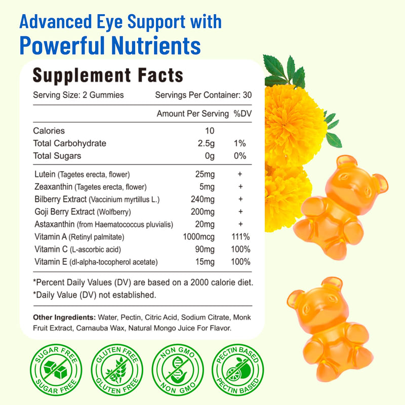 Eye Vitamins Lutein & Zeaxanthin Gummies, Sugar Free Eye Health Supplements with Bilberry, Astaxanthin - Support Blue Light, Visual Function and Macular Health - Mango Flavored, 120 Count 60 Count (Pack of 2)