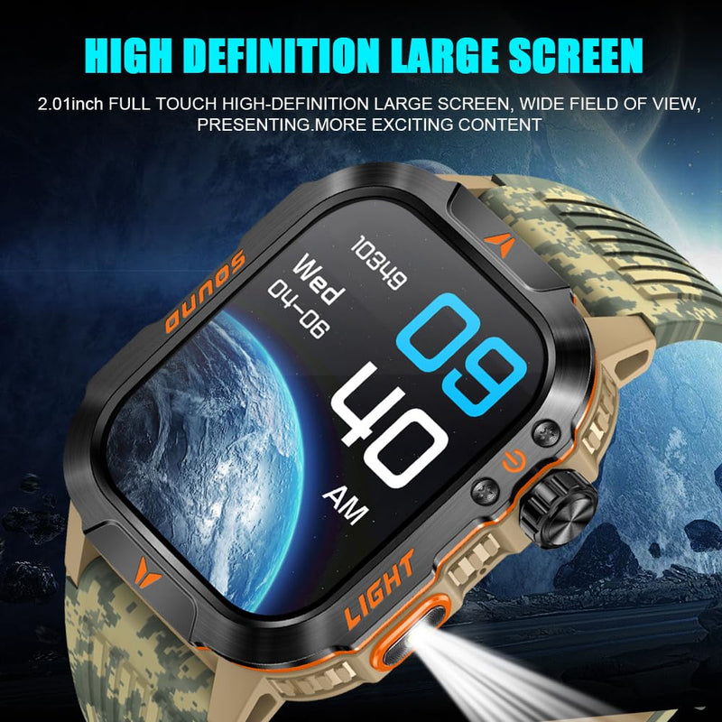 QTLLBT Military Outdoor Watch Altimeter Barometer Compass Tactical Smart Fitness Watch Heart Rate Sleep Monitor 100+ Sport Modes Fitness Available for Android and iOS (Camouflage Yellow) Camo Yellow - BeesActive Australia