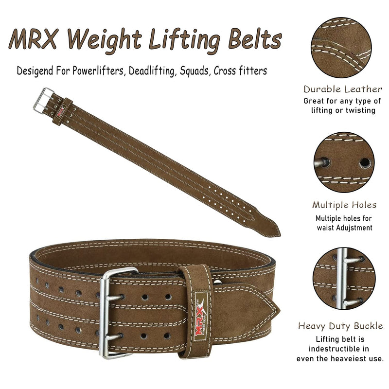 MRX Powerlifting Leather Belt 4" Wide 10mm Thickness Training Fitness Back Support Bodybuilding Belts with Steel 2 Prong Buckle XLarge Brown - BeesActive Australia