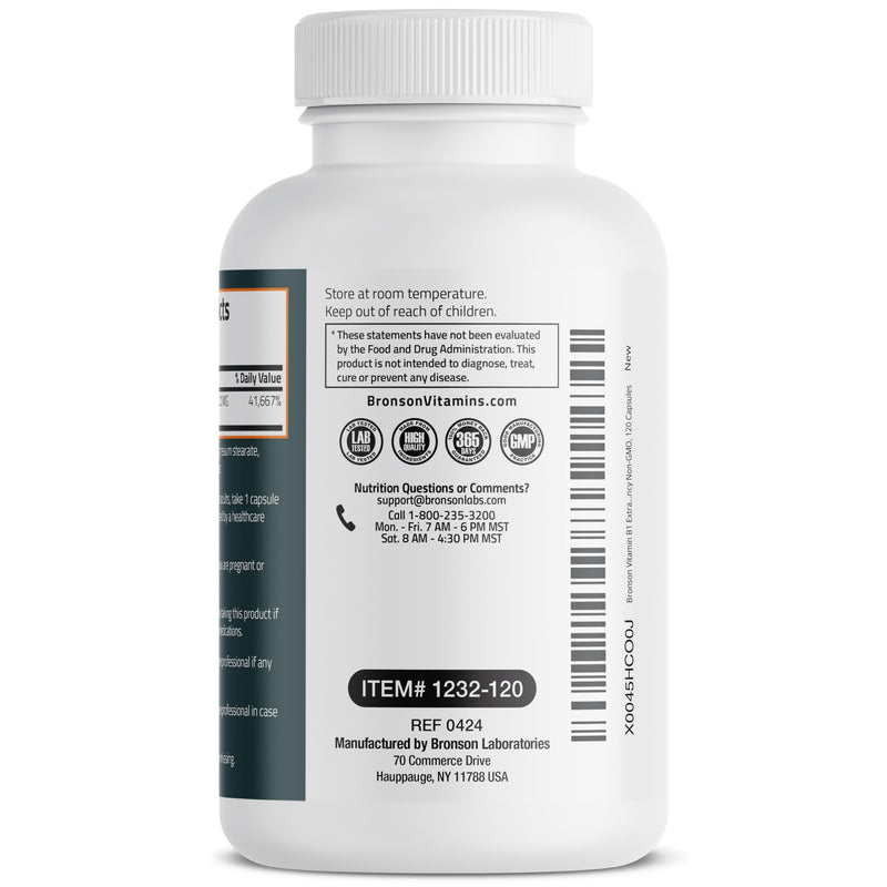 Bronson Vitamin B1 Extra Strength 500 MG High Potency Non-GMO, 120 Capsules Unflavored 120 Count (Pack of 1)