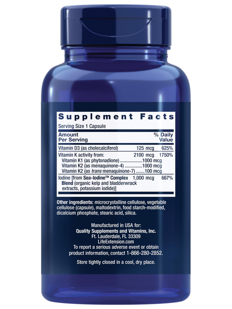 Life Extension Vitamins D and K with Sea-Iodine, vitamin D3, vitamin K1 and K2, iodine, supports immune, bone, arterial and thyroid health, non-GMO, gluten-free, 60 capsules 60 Count (Pack of 1) - BeesActive Australia