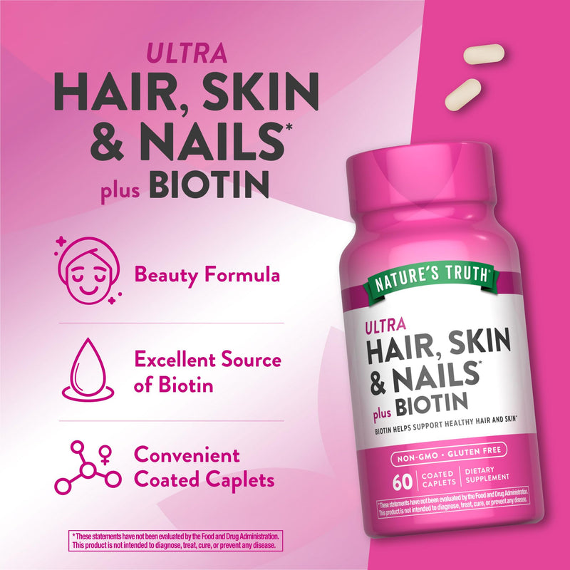 Nature's Truth Hair Skin and Nails | 60 Caplets | Plus 5,000 mcg Biotin | Non-GMO & Gluten Free Supplement