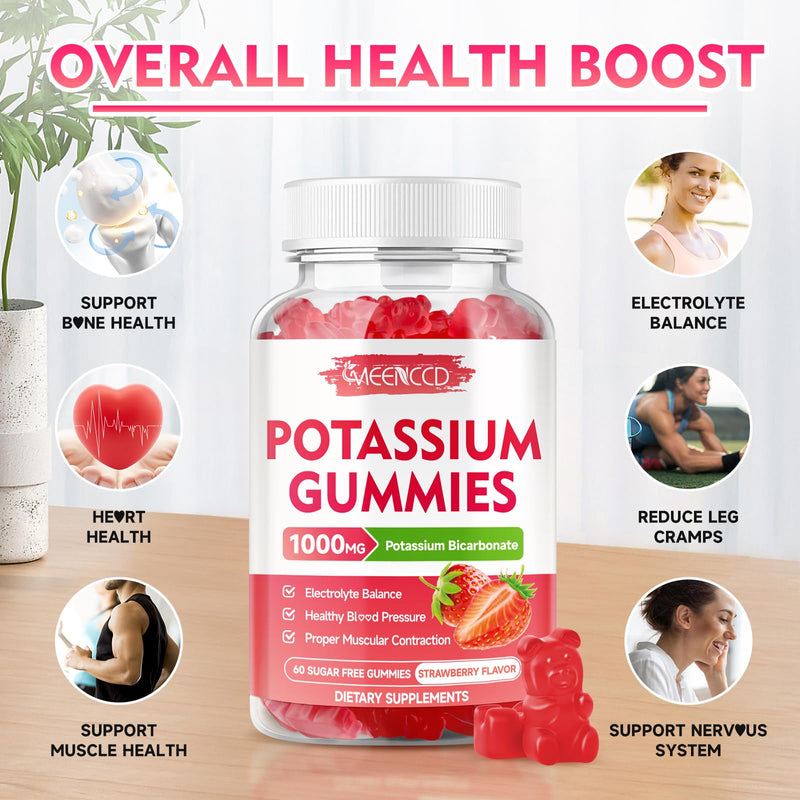 Potassium Gummies 1000mg, Potassium Bicarbonate Supplement for Adults & Kids, Potassium Supplement for Electrolyte Balance & Muscle Heath, Sugar-Free, Strawberry Flavor, 60 Count 60 Count (Pack of 1) - BeesActive Australia