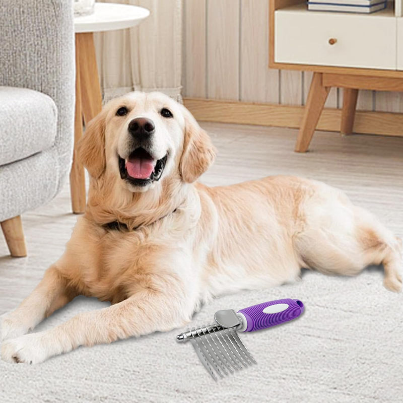 Detangling Pet Comb for Dog & Cat, Grooming Comb with Long & Short Stainless Steel Teeth, Safely Remove Knots & Tangles for Healthy Shiny Coat, Gentle Effective Detangling Tool for Pet Hair (Violet) Violet - BeesActive Australia