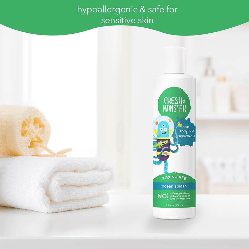 Fresh Monster 2-in-1 Kids Shampoo & Body Wash, Toxin-Free, Hypoallergenic, Natural Shampoo & Body Wash for Kids, Ocean Splash (8.5oz) 8.5 Ounce (Pack of 1) - BeesActive Australia