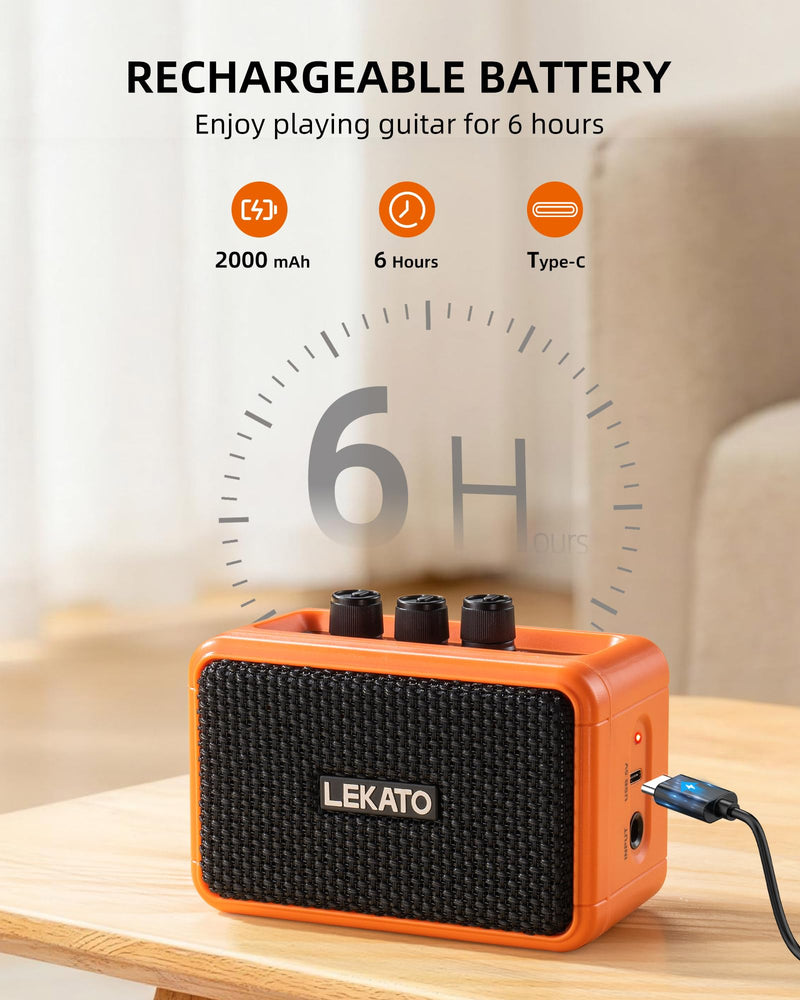LEKATO Mini Guitar Amplifier AG-04, Dual Speakers 5W, Rechargeable Electric Guitar Amp Bluetooth with Clean Overdrive, 6H Working, Headphone Jack, Wireless Portable Amp for Practice Traveling（Orange） Orange