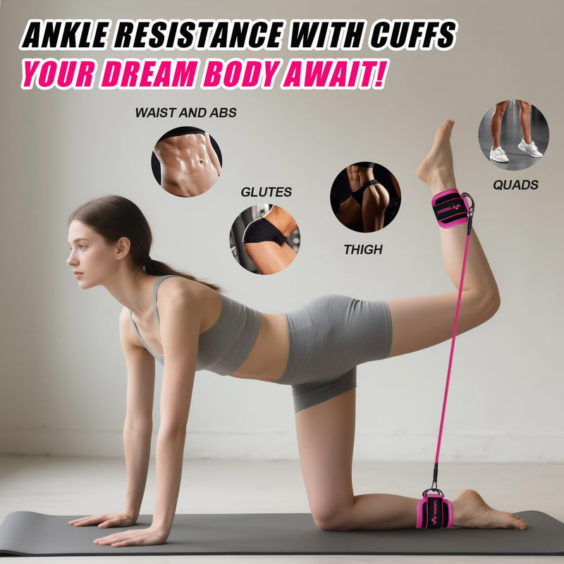 WHATAFIT Ankle Resistance Bands with Cuffs, Ankle Bands for Working Out, Ankle Resistance Band for Leg, Booty Workout Equipment for Kickbacks Hip Fitness Training, Exercise Bands for Butt Lift Women