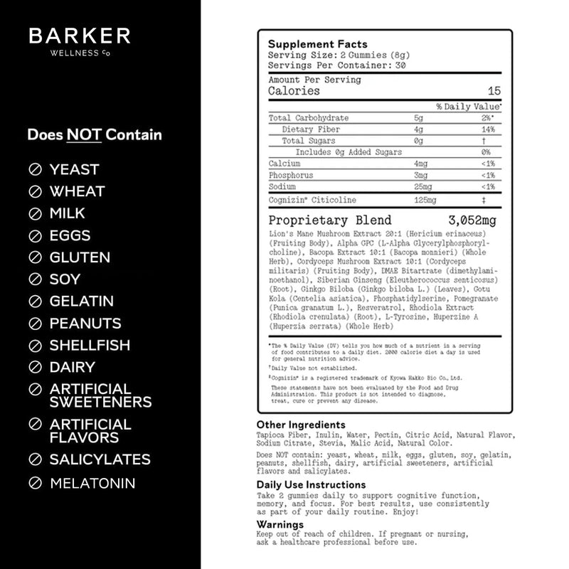 Barker Wellness Mushroom Gummies for Memory & Focus – Lion's Mane, 60ct Memory Focus Gummies