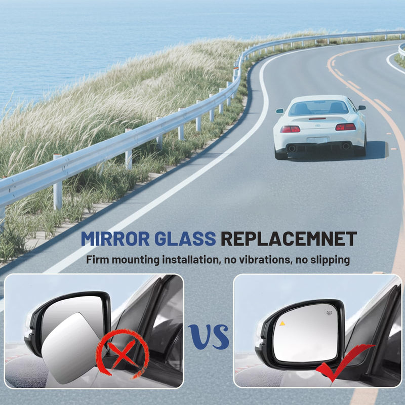 Passenger Right Side Mirror Glass - Compatible with Jeep Vehicles - Compass 2017-2025, Cherokee 2014-2023, with Heated/Blind Spot Detection, without Auto Dimming, Replace# 68368582AA Passenger Side