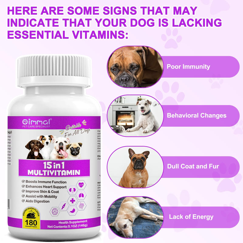 Dog Multivitamin Tablets, 15 in 1 Multivitamin Treats for Dogs Supports Immunity & Digestion, Skin & Coat and Joint Health, Multivitamin Dog Supplement for All Ages - 180PCs Chewable Tablets