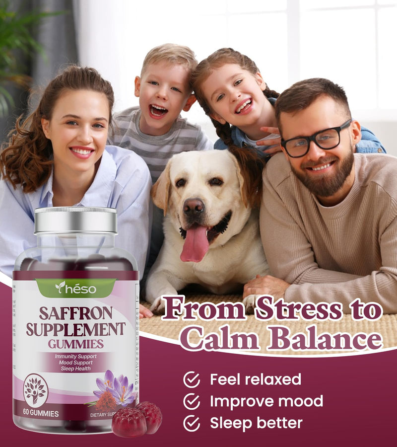 Saffron Gummies with Ashwagandha, Rhodiola & GABA – Sugar Free Mood & Stress Support Supplement with Magnesium, Vitamin D3 & Zinc – Calm & Relaxation Blend, 60 Gummies (30 Servings) 60 Count (Pack of 1)