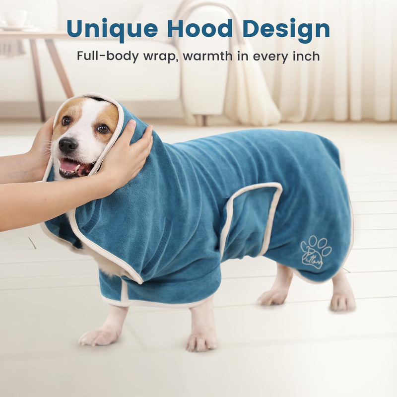 PETTOM dog bathrobe, dog bathrobe with high collar, dog bathrobe for large, medium and small dogs, dog bathrobe microfiber with Velcro fastener (blue, L) blue - BeesActive Australia