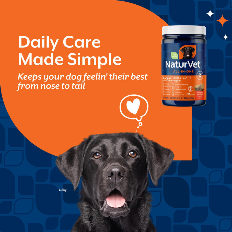 NaturVet All-in-One Adult Dog Daily Care, 10-in-1 Supplement Dog Soft Chews for Mobility, Skin, Digestion, Teeth, Cognition, Eyes, Hickory Smoked Bacon Flavored Pet Supplement for Dogs, 60 Count Adult- 60 Soft Chews