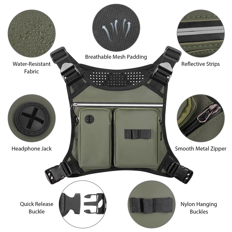 Chest Bag for Men, Waterproof Running Pack with Water Bottle & Phone Holder, Lightweight & Adjustable EDC Bag for Workouts, Running, Fishing, Cycling (Olive) Olive