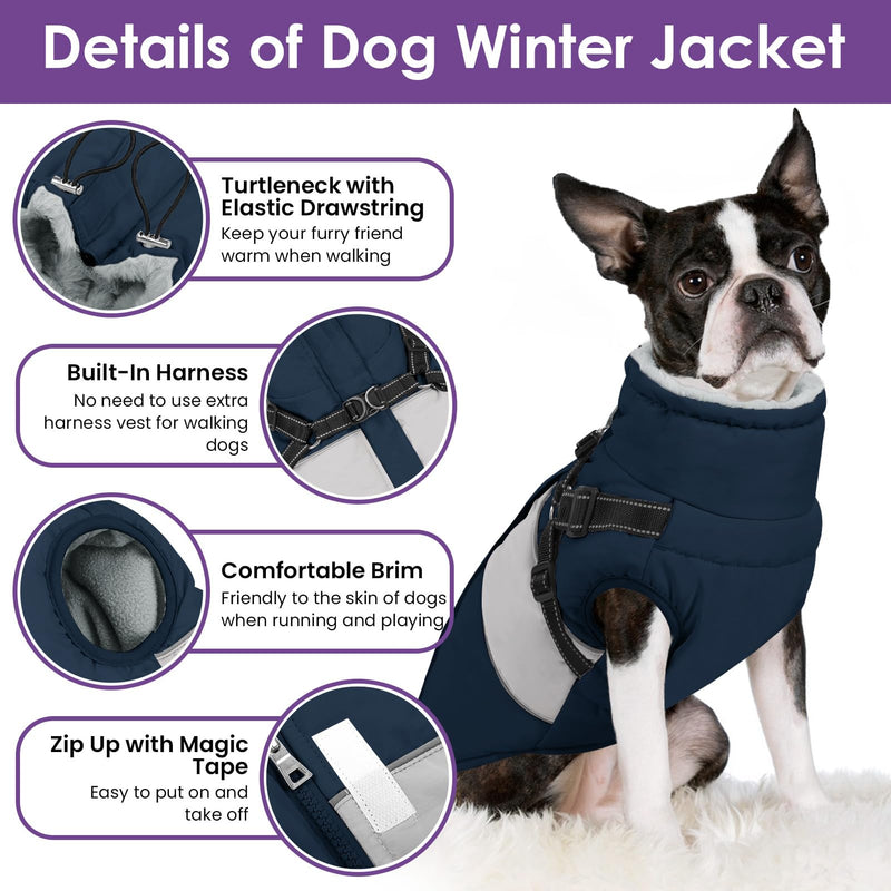 SUNFURA Dog Winter Coat, Waterproof Dog Jacket Dog Coat with Harness for Medium Dogs Boys Girls, Reflective Fleece Lined Dog Snow Jacket Pet Sweaters for Pug, Jack Russel, Boston Terrier, Blue M Navy Blue - BeesActive Australia